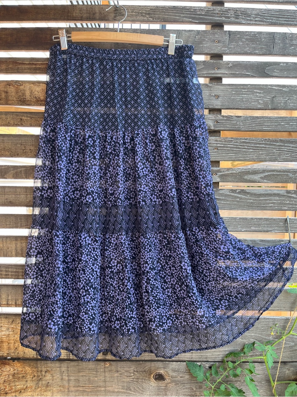 Black and Purple Tiered Whimsigoth Bohemian Light Flowy Maxi Skirt Lg